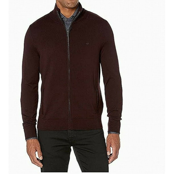Calvin Klein Men's Merino Wool Full-Zip Sweater, Dark Chestnut Medium - NEW  
