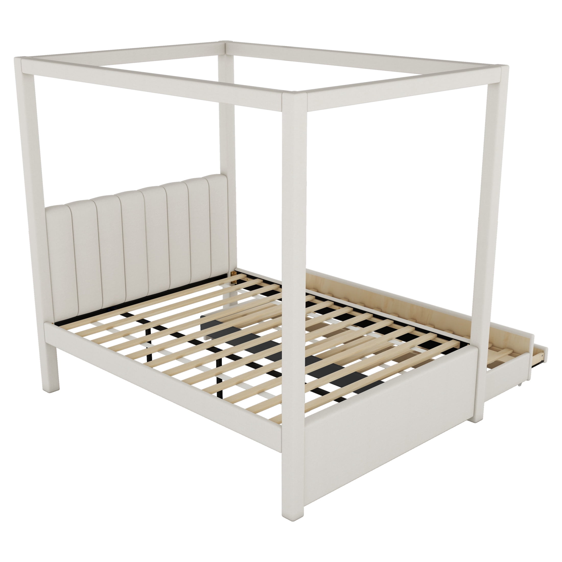 Noble House Full Canopy Platform Bed, Linen Upholstered Frame with Trundle and Storage Drawers, Beige