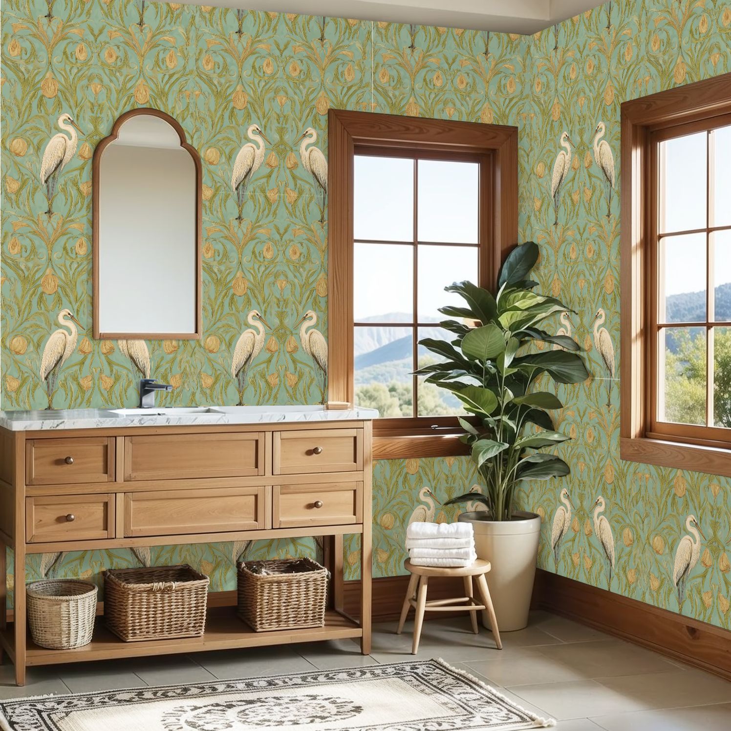 Cranes Peel and Stick Wallpaper 23.6in x 9.8ft Elegant Herons Golden Floral Teal Art Nouveau Style Contact Paper Vinyl Waterproof Self Adhesive Wall Paper for Bedroom Shelf Cabinet Renter Friendly