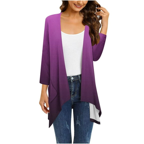 BSDJILFG Plus Size Cardigan for Juniors,Summer Lightweight Cardigans Long Sleeve Gradient Color Open Front Ruffle Flowy Shirts for Beach Vacation ,Sizes S-5XL