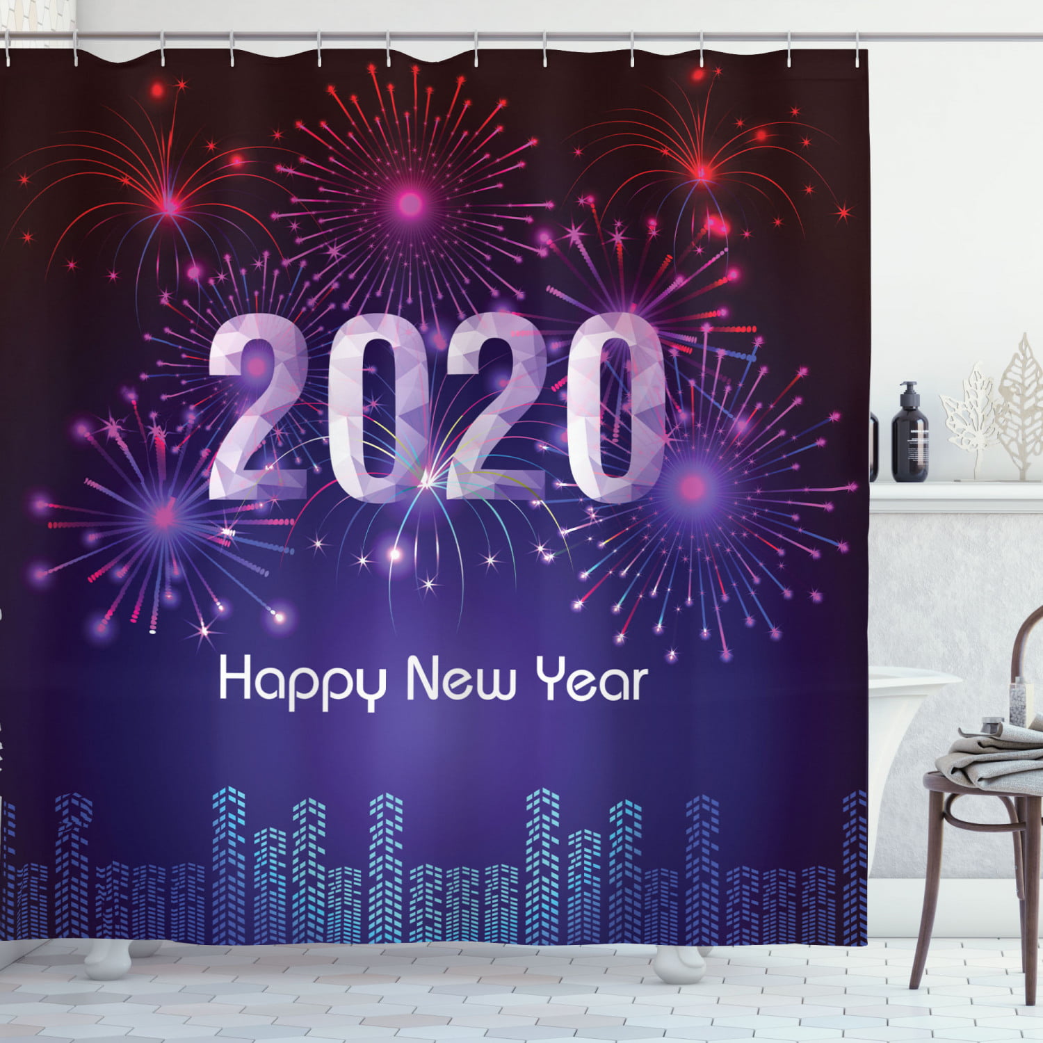 72x72'' Bathroom Waterproof Shower Curtain Fabric New Year Fireworks Champagne 