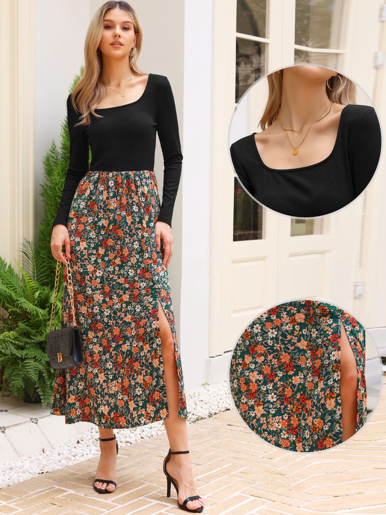 DARING DIVA Women's Maxi Long Sleeve Flowy Vintage Casual Floral Dress L Black Green