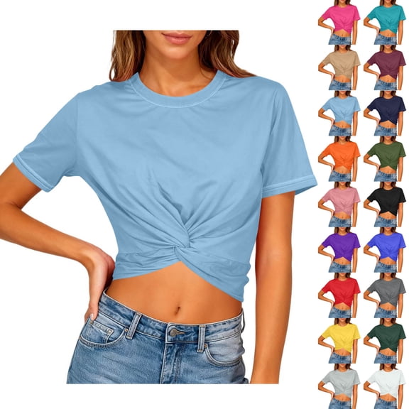 Yuanlook Women's Summer Causal Short Sleeve Blouses Crew Neck Crop Tops Twist Front Tee T-Shirts S-3XL