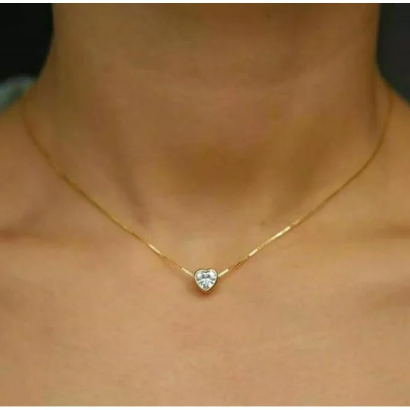 1.00 Carat Heart Shape VVS1 Moissanite Diamond Bezel Set Heart Necklace 18" 14k Yellow Gold Plated