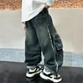 thumbnail image 2 of WMQPNNS Boys Cargo Jeans Boys Jeans Size 7 Kids Baggy Elastic Waist Wide Leg Denim Pants Vintage Straight Leg Denim Cargo Pants with Pockets(Size 9-10 Years, Black-F), 2 of 4