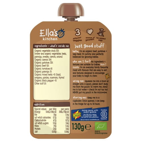 Ella's Kitchen Beef Stew Baby Food Pouch 7+ Months 130g, British Import (Pack of 2)