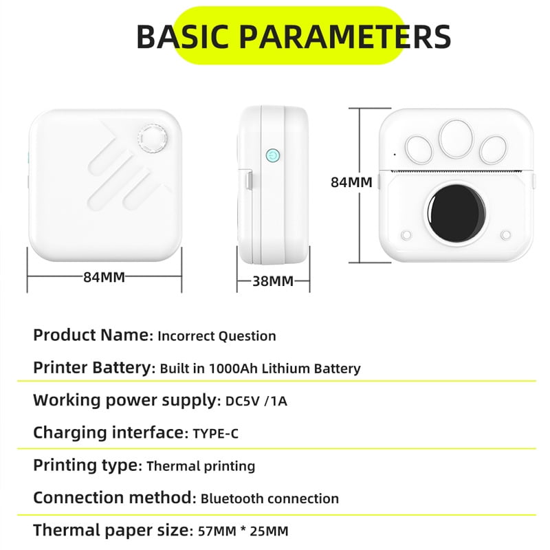 Printer - Thermal Bluetooth Mini Printer with 2 Roll Sticker Paper, Inkless Sticker Printer Print Pod for DIY, Scrapbook, Journal, Study Notes, Memo, List, Birthday （ White）