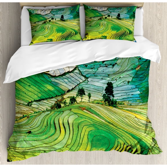 Green Duvet Cover Set King Size, Farmland Themed Pastoral Photography with Trees and Rocks Asian Landscape, Decorative 3 Piece Bedding Set with 2 Pillow Shams, Green Pale Green Brown, by Ambesonne