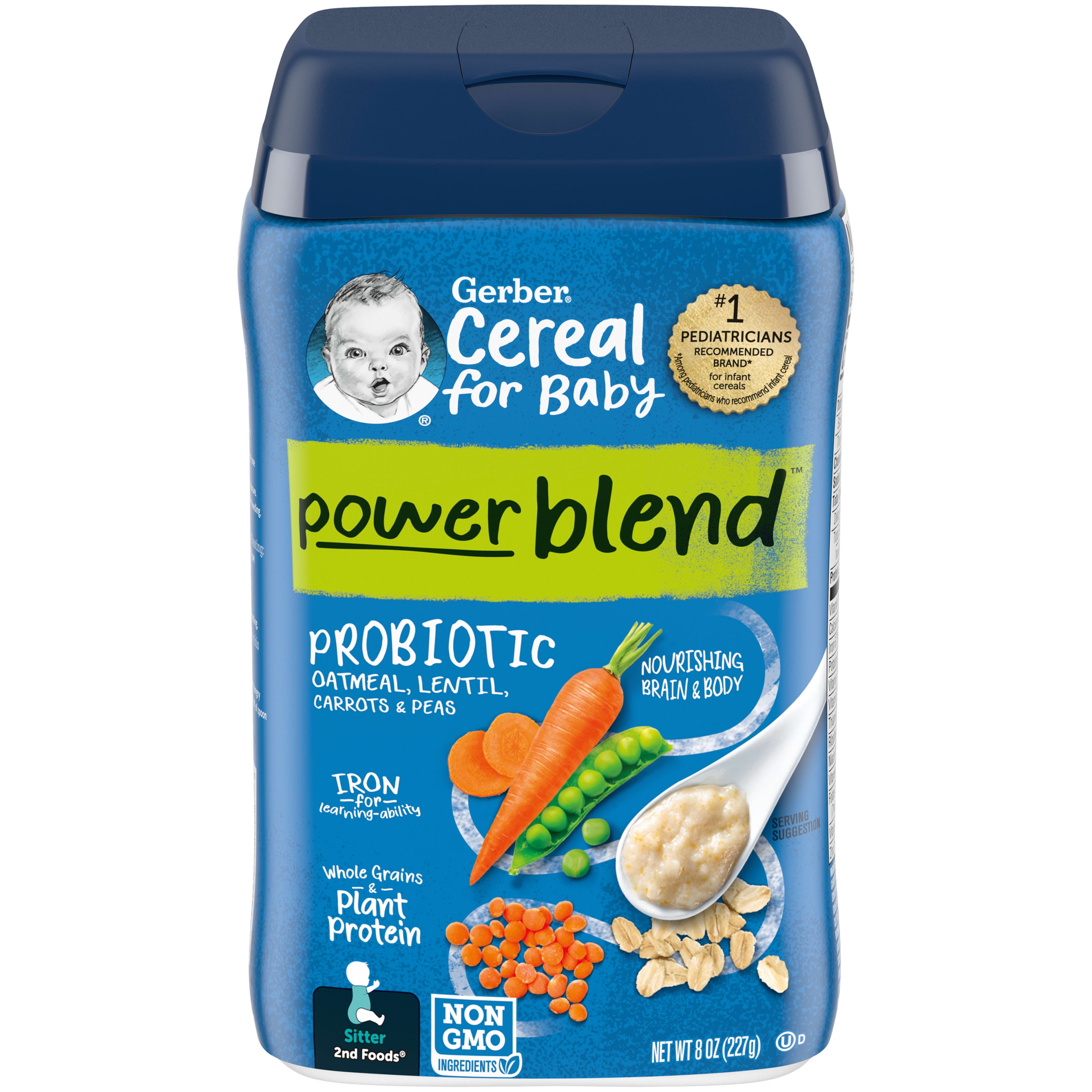 Gerber Cereal for Baby Power Blend 3rd Foods Probiotic Oatmeal Baby Cereal, Lentil Carrot Pea, 8 oz Canister (6 Pack)