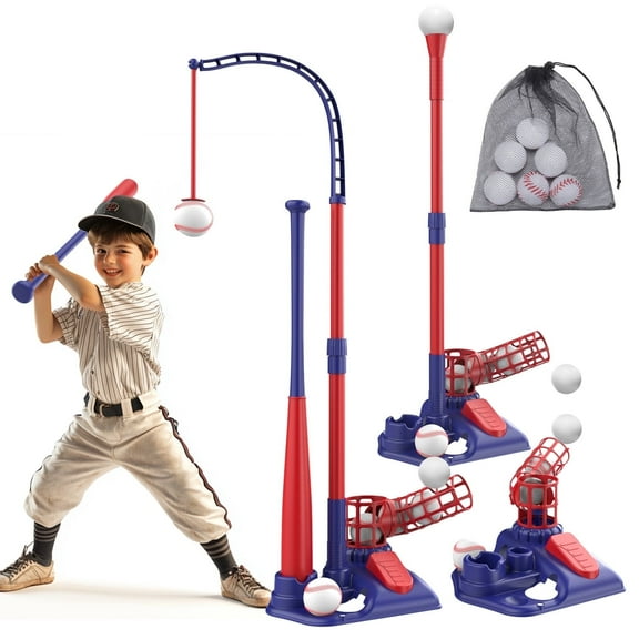 JoyStone 3-in-1 T Ball Set for Kids, 2.5-3.9ft Height Adjustable Tee Ball Stand, Hanging Tee, Pitching Machine, Tball Bat with 6 Balls, Indoor/Outdoor Sport Gifts for Boys & Girls