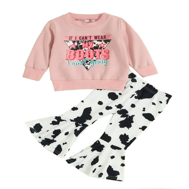 POINTERTECK Toddler Western Baby Girl Clothes Bell Bottom Outfits Long Sleeve Letter Print Sweatshirt + Flared Pants Fall Outfit