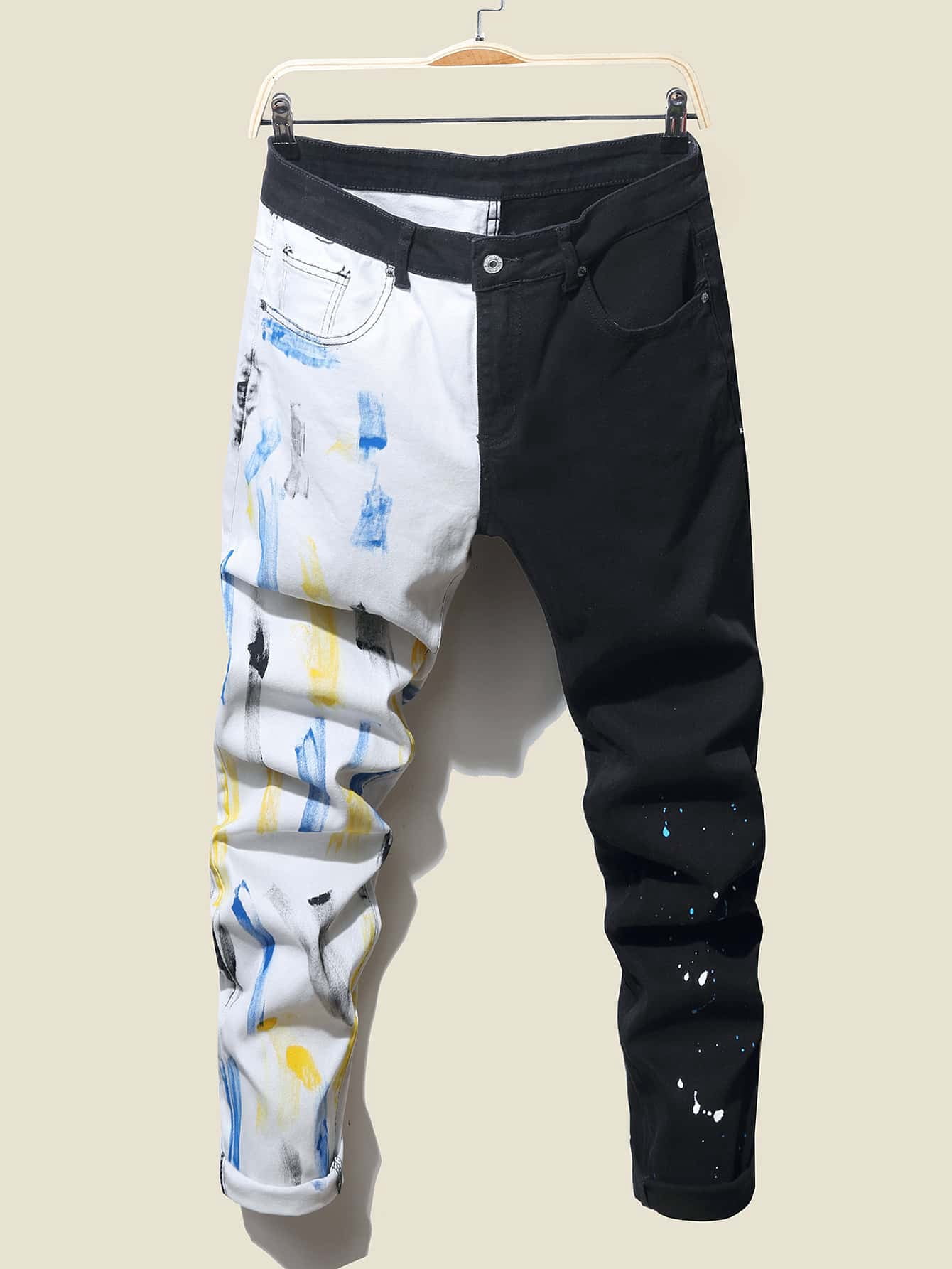 Men Brush Print Spliced Jeans - Walmart.com