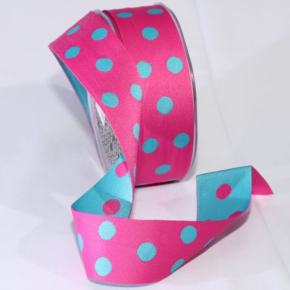 The Ribbon People Pink and Blue Double Dots Woven Taffeta Craft Ribbon 1.5" x 27 Yards