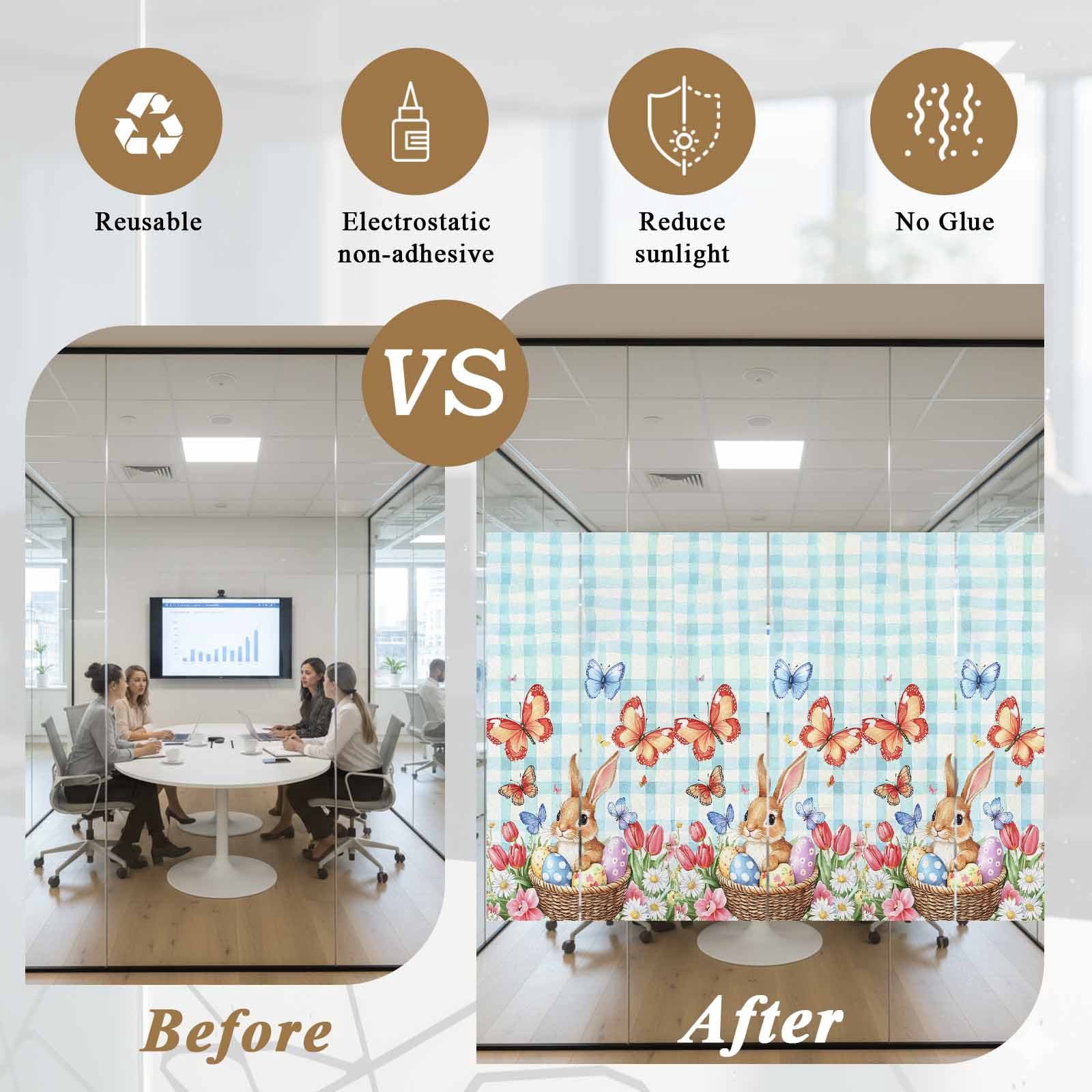 Easter Rabbit Window Privacy Film, Easter Egg Frosted Glass Window Clings Static Cling UV Heat Blocking Reusable Door Sticker for Bathroom 23.6 x 59 Inch