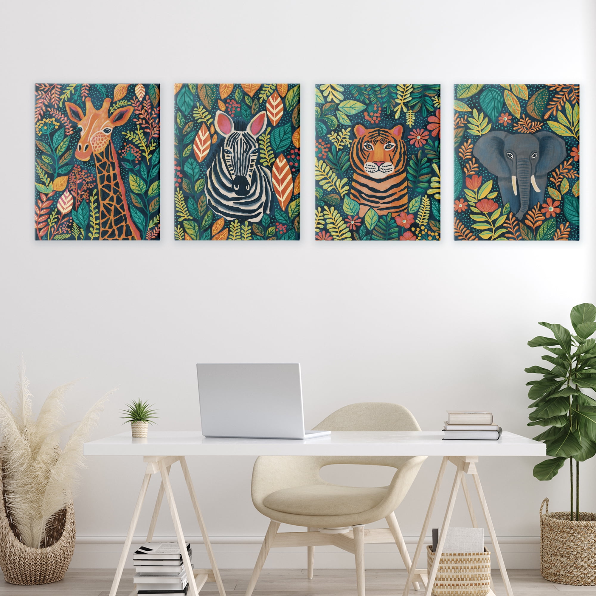 Stupell Industries Jungle Leaf Pattern Animals 4 Piece Canvas Wall Art Set, design by Lisa R Dumm