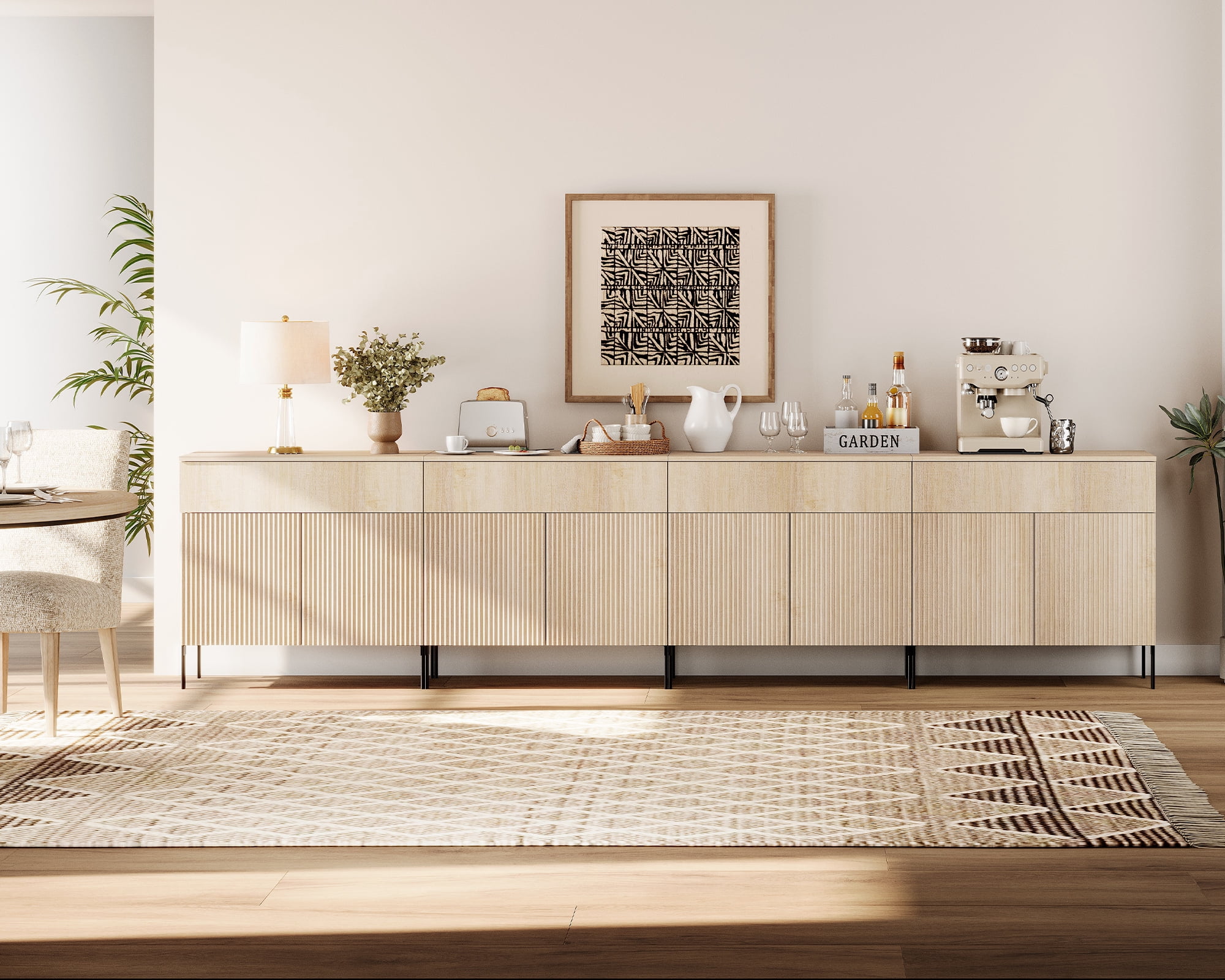 126" Wooden Reeded Sideboard with Doors and Drawers, 4-In-1 Modern Wide Credenza Storage Cabinet for Kitchen, Dining Room