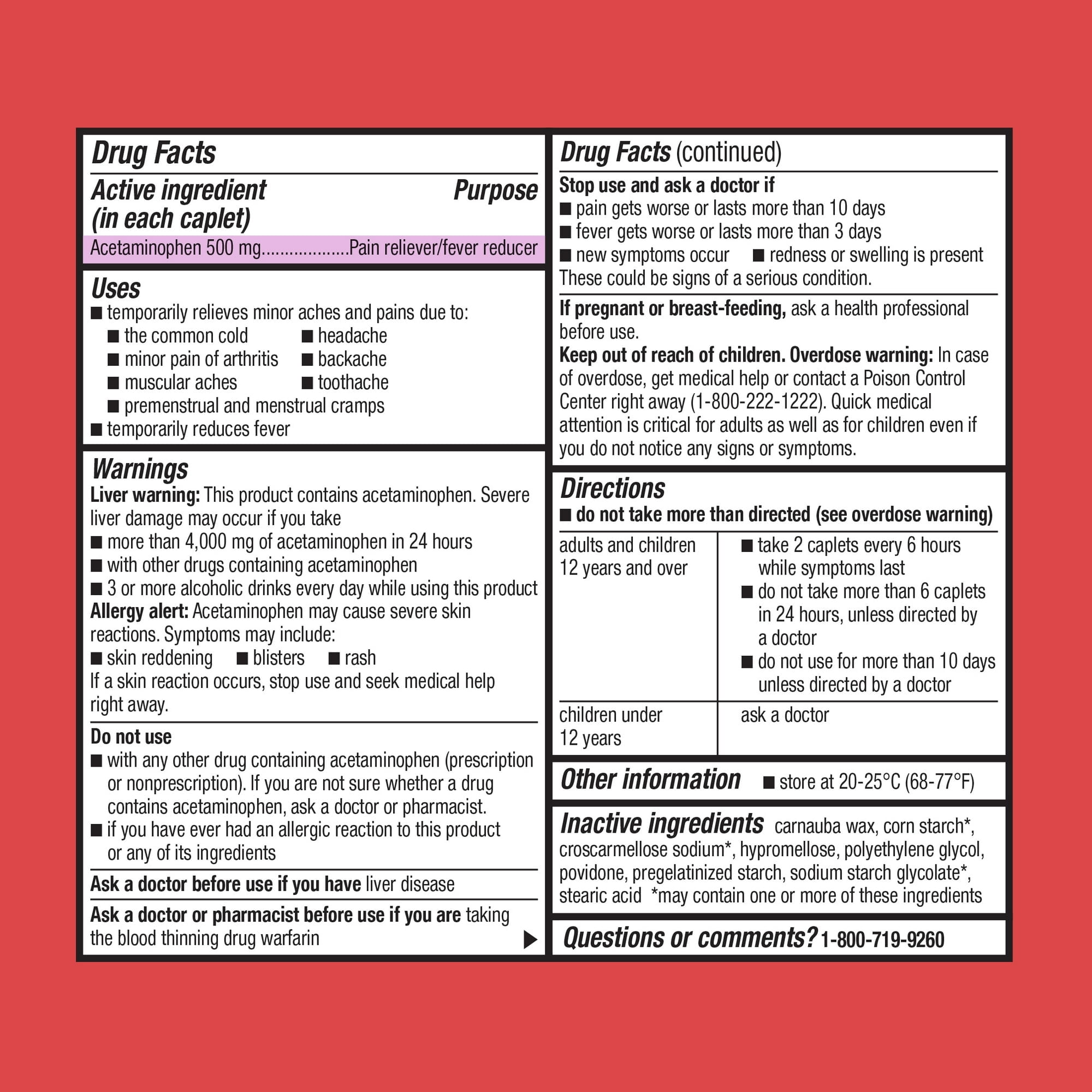 Equate Extra Strength Pain Reliever Acetaminophen Caplets, 500mg, Pain Reliever/Fever Reducer, 500 Count, Compare to Tylenol® Extra Strength Active Ingredient