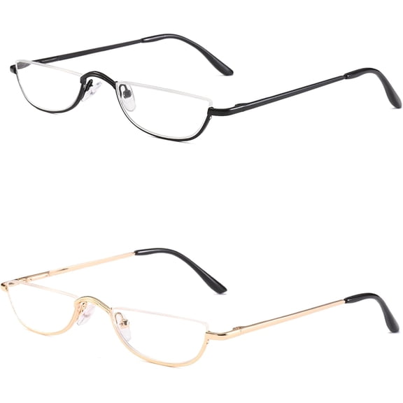 Half Reading Glasses - 2 Pairs Half Rim Metal Frame Glasses Spring Hinge Readers for Men and Women, Black Gunmetal 2.50