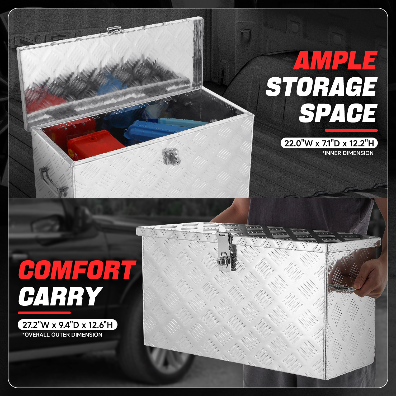 DNA Motoring 27.2"x9.4"x12.6" Aluminum Pickup Truck Trailer Trunk Bed Tool Storage Box w/ Side Handle
