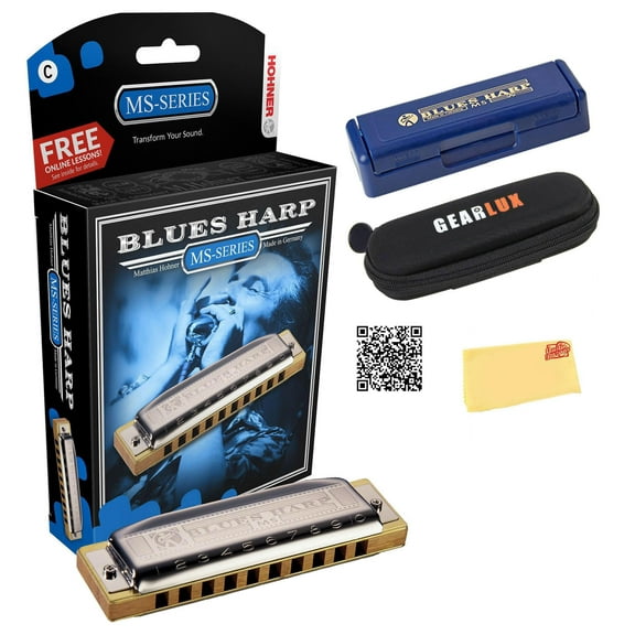 Hohner Harmonica 532 Blues Harp MS - Key of D Bundle with Case, Pouch, Harmonica Beginner Online Manual, and Austin Bazaar Polishing Cloth
