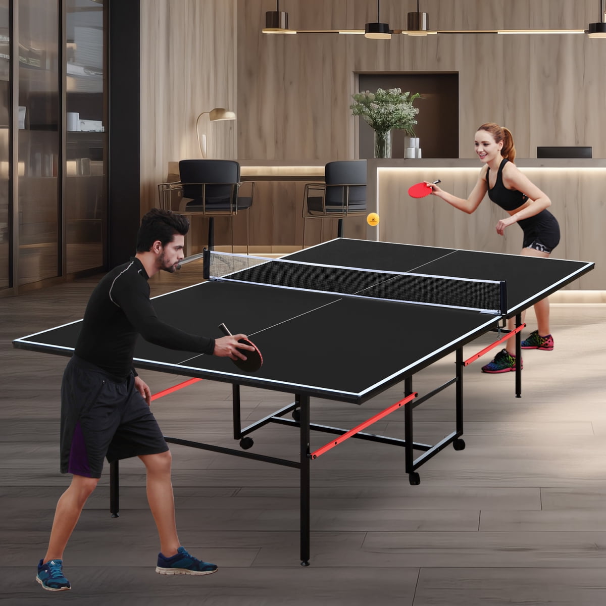 9ft Foldable Table Tennis Table Indoor Ping Pong Table Set with Net Paddles Balls Black