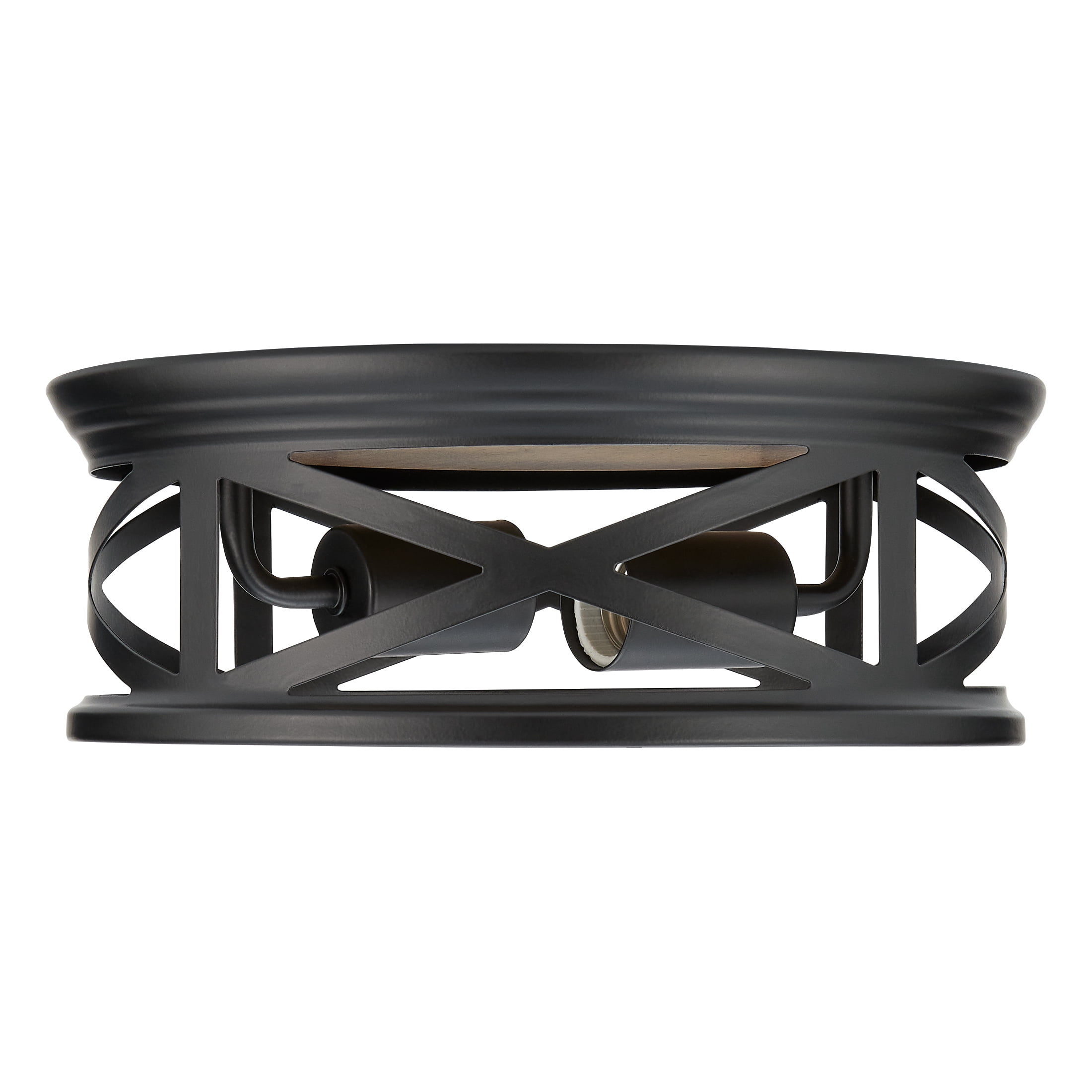 Maxxima 11 in. 2-Light Indoor / Outdoor Flush Mount Ceiling Light, Round Black w/ Wood Grain Farmhouse Fixture, Bulbs Not Included