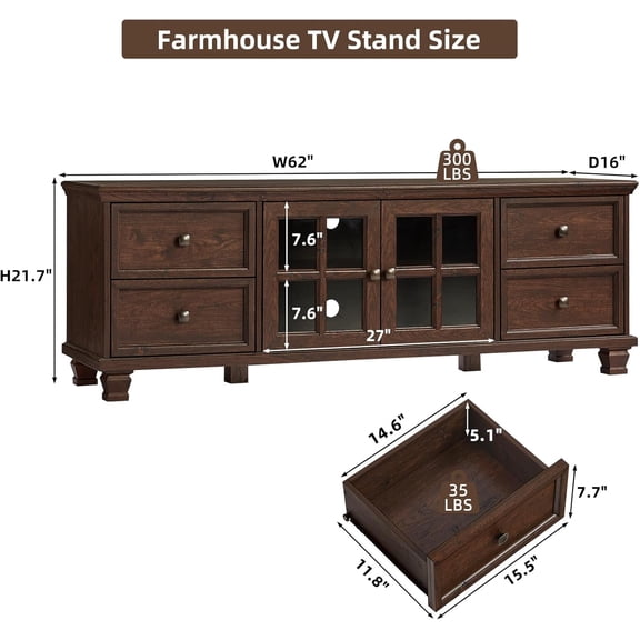 Farmhouse TV Stand for Living Room, Rustic Brown Entertainment Center with Storage Cabinet, Wood TV Console with 4 Drawers, Modern TV Stands for Bedroom, Walnut