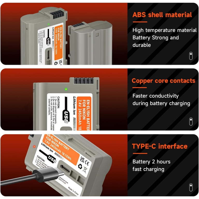 Digital Camera Battery 2 Pack EN-EL15 Battery Bulit-in USB for