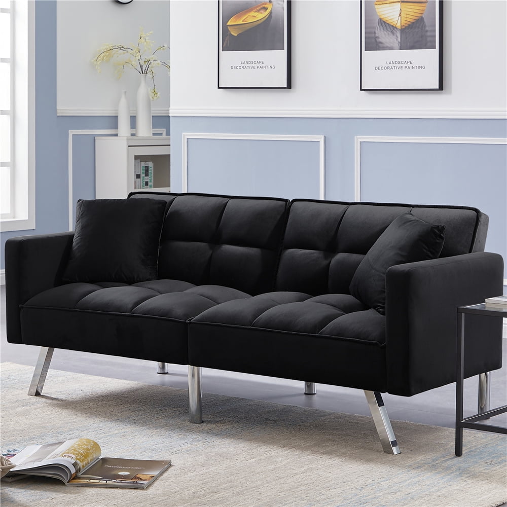 Futon Sofa Bed, Modern Fabric Twin Sofa Sleeper Bed with Armrest, Convertible Futon Couches and