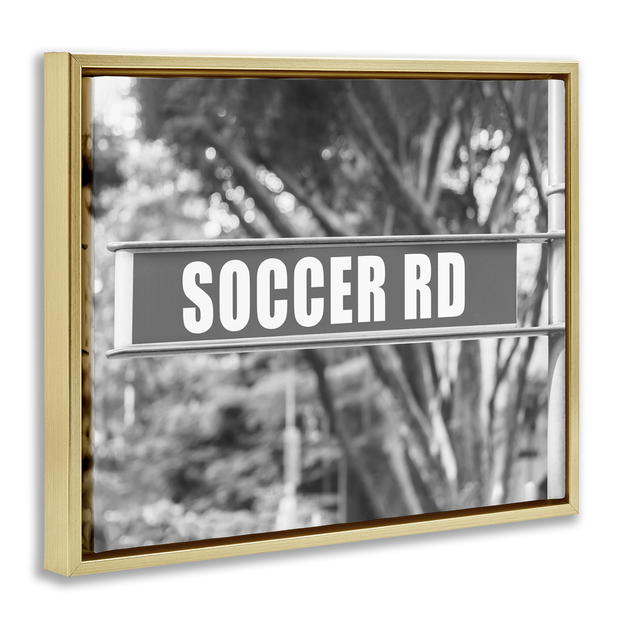 Stupell Industries Soccer Road Sign Sports Photography Gold Floater Framed Canvas Art Print Wall Art, 21 x 17