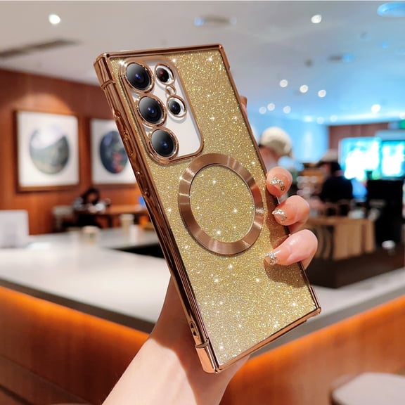 Magnetic Case for Samsung Galaxy S24 Ultra, [Compatible with MagSafe] Non-Yellowing Glitter Shining Paper Clear Case for Women Girls, Rugged Shockproof Protection Phone Cover, Gold