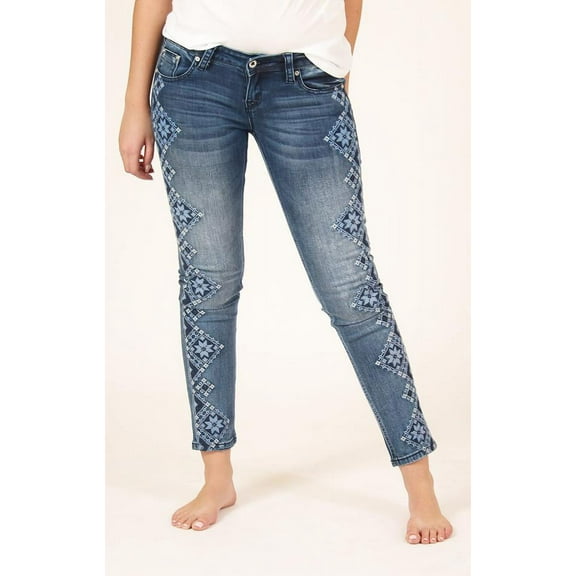 Grace in LA Women's Blue Floral Embroidered Junior Skinny Fit Stretch Jeans (24)