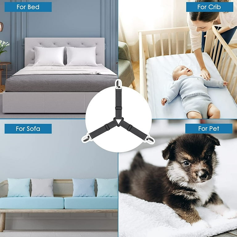 4 PCS Bed Sheet Holder Straps,3 Way Adjustable Sheet Band Clips Fasteners  Suspenders,Triangle Elastic Mattress Sheet Holder Grippers to Keeping  Sheets in Place.(Suitable for Full Size Bed) 