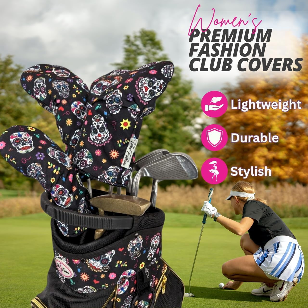 Womens Designer Resort Golf Club Covers 4 Pack - Taboo Fashions Numbered Head Covers for Driver Woods & Hybrid - Weather/Moisture Resistant Protection (Sugar Skulls)