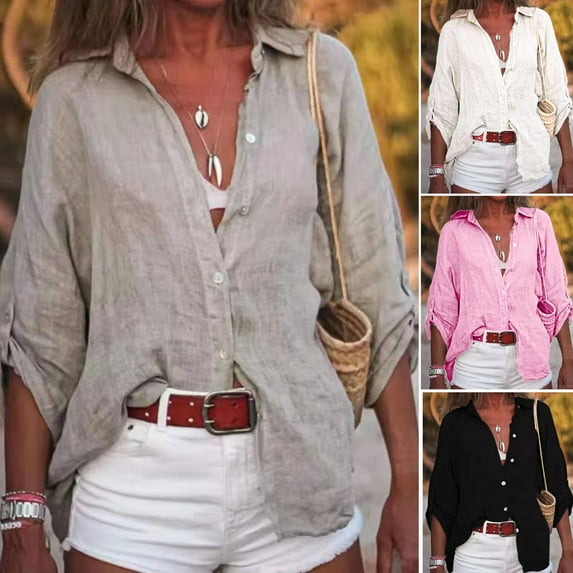 Dream Lifestyle Office Lady Shirt Solid Color Single Breasted Summer Lapel Three Quarters Sleeve Shirt for Daily Wear