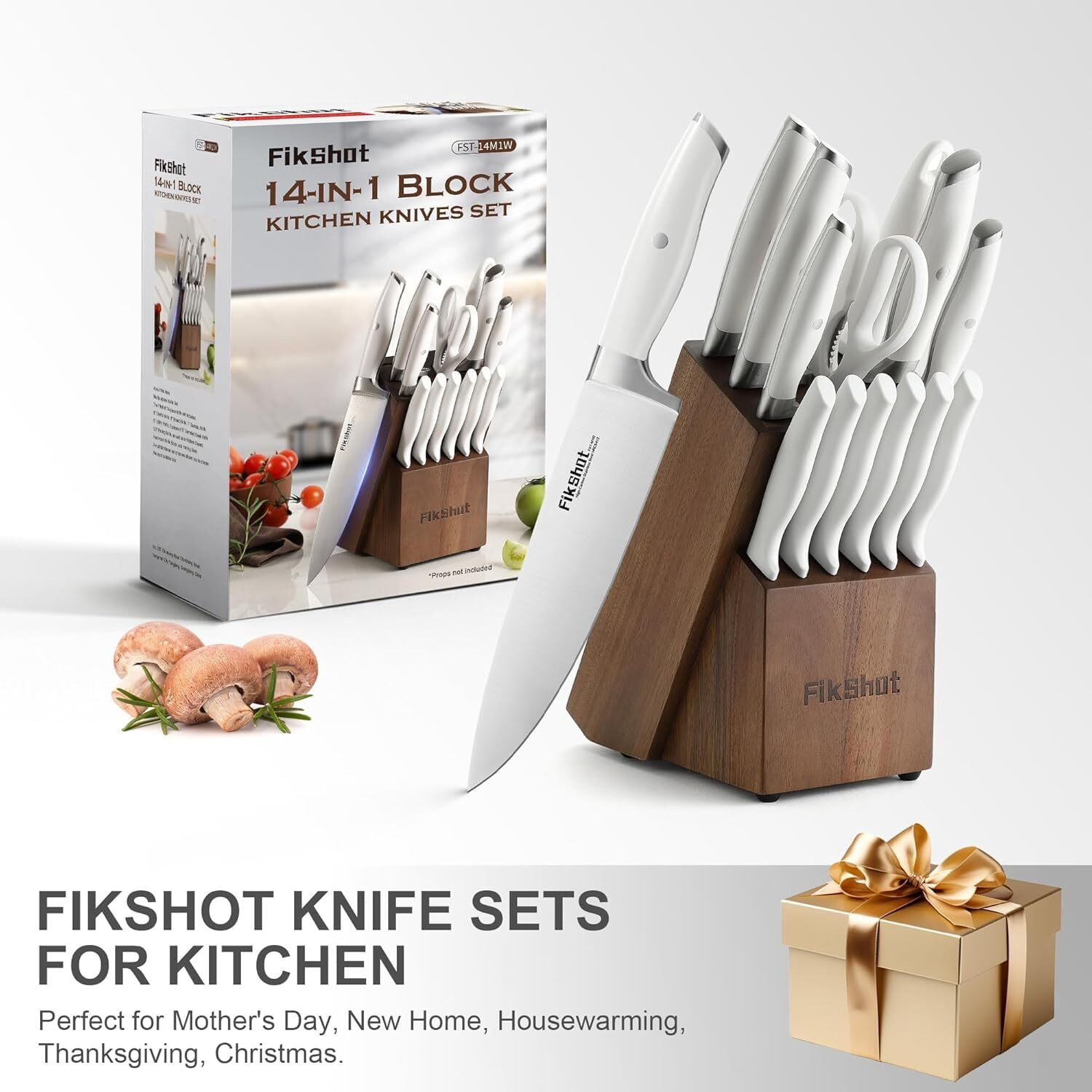 FIKSHOT 14-Piece Kitchen Knife Set with Built-in Sharpener, Professional White Stainless Steel Chef Knives, Dishwasher Safe, Silver