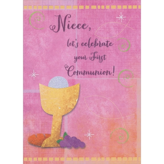 Designer Greetings Simple Gold Chalice, Sparkling Glitter Host, Grapes and Bread on Pink Background 1st / First Communion Congratulations Card for Niece
