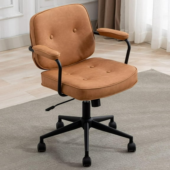 LukeAlon Adjustable Pu Leather Office Chair, 360° Swivel Task Chair with Armrest Modern Thickened Seat Desk Chair Tiltable Computer Chair with Button Tufted for Home Office, Light Brown