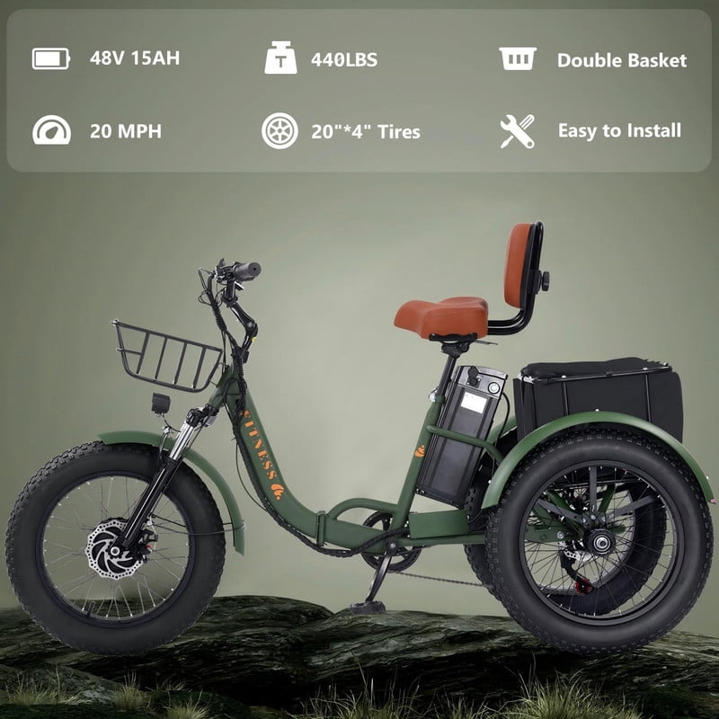 Broobey Electric Tricycle for Adults Folding ETrike E-Tricycle 3 Wheel Electric Trike w/ Two Baskets 48V15AH Lithium Battery Peak 1000W Motor 20*4" Fat Tire Green UL2849 by SGS