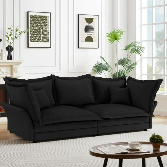 Aukfa 90.55" Overstuffed Sofa Cloud Couch, Convertible Deep Seat Chaise Longue with Large Pillows for Living Room, Black