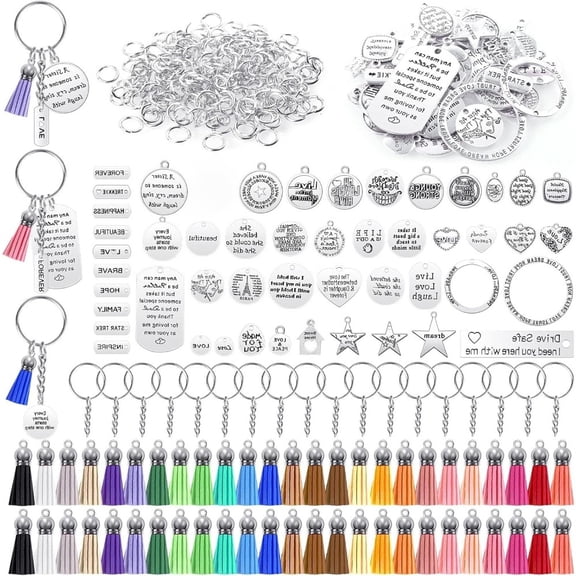 350 Pieces DIY Motivational Keychain Kit, 50 Inspirational Charms & 50 Leather Tassels with Key Rings & Jump Rings, Creative Craft Gift Set for Friends, Birthday, Christmas