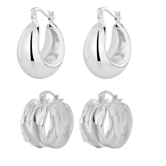 925 Sterling Silver Chunky Hoop Earrings for Women, Hammered & Smooth Thick Wide Hypoallergenic Hoops, Lightweight Everyday Huggie Earrings Jewelry(2Pairs)