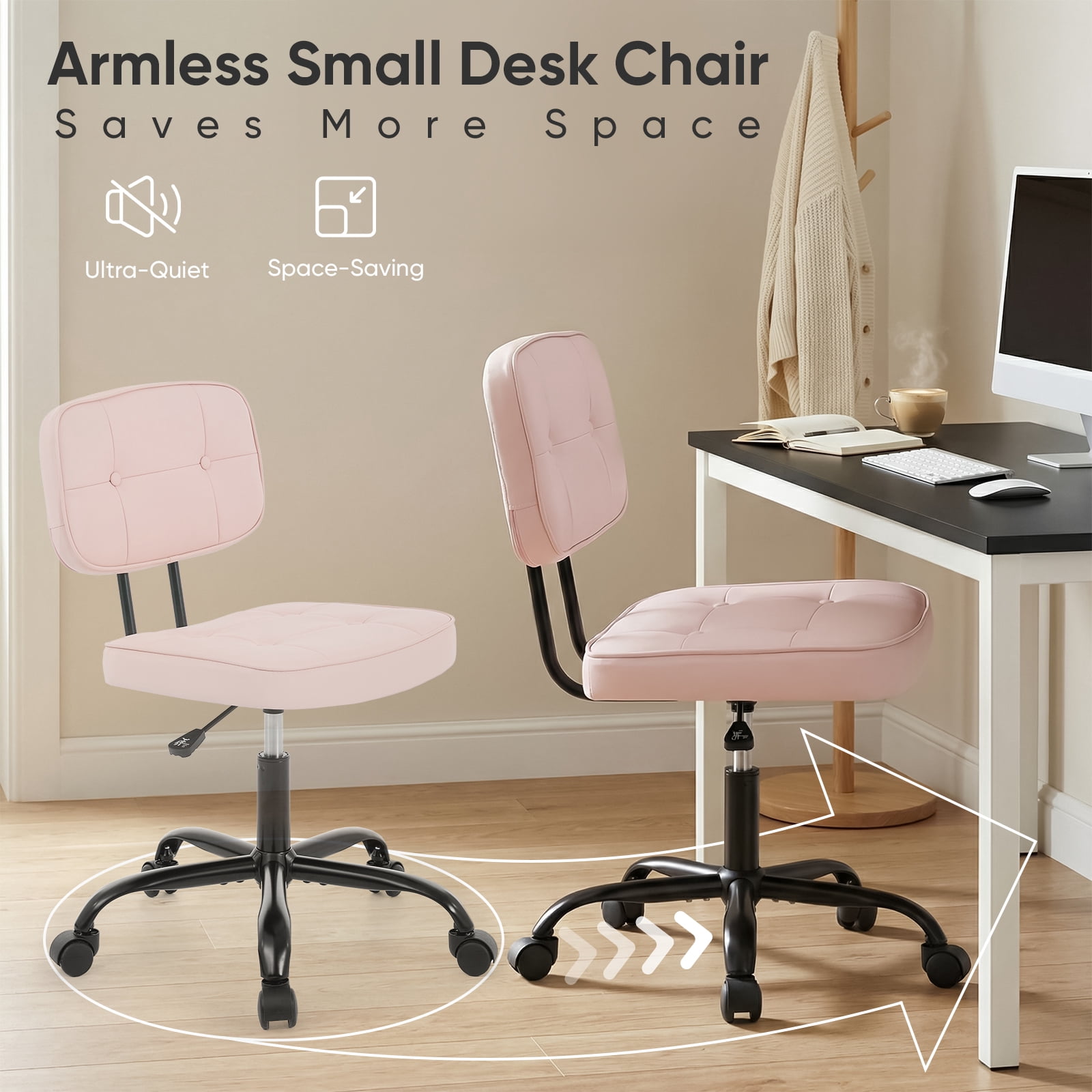 Gianna Ergonomic PU Leather Desk Chair, Armless Rolling Chair with Thickened Cushion for Small Spaces