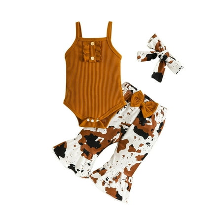 

Zlekejiko Girls Sleeveless Ribbed Romper Bodysuit Leopard Prints Bell Bottoms Pants Headbands Outfits Heart Clothe Toddler Girl Rainbow Baby Take Home Outfit