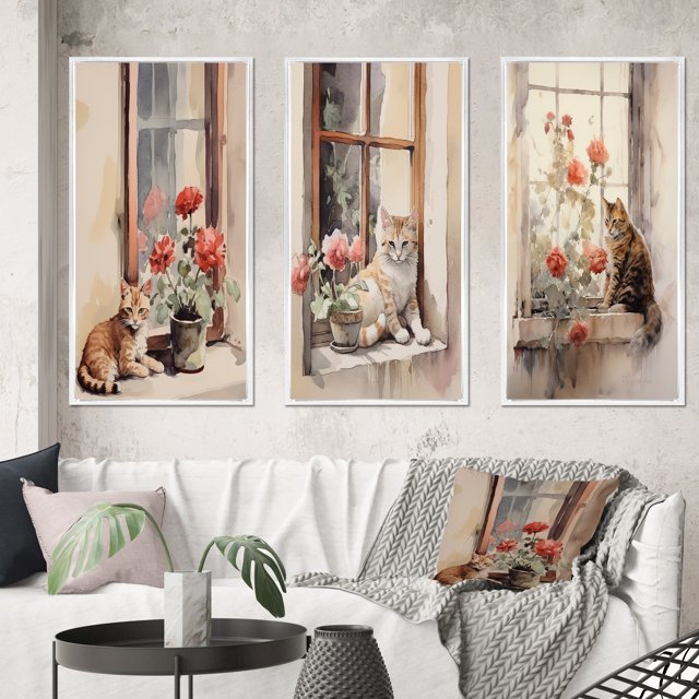 Designart "Watercolor Orange Cat on Windowsill" Animals Cat Framed Wall Art Set Of 3 - Brown Cat Frame Canvas Set For Living Room Decor