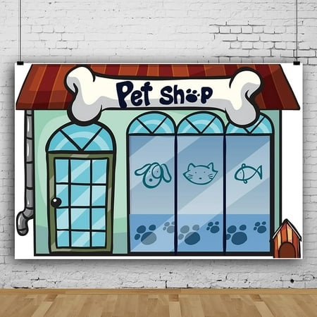 Image of 10x8ft Cartoon Pet Shop Backdrop Pet Shop Storefront Backdrops for Girl Boy 1st Birthday Party Photography Background
