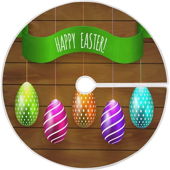 FMSHPON Easter Tree Skirt Colorful Eggs Bunny Xmas Christmas Tree Skirt Stand Mat for Holiday Party Decoration Indoor Outdoor 48 inches