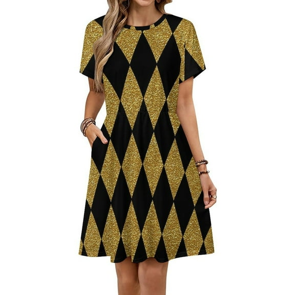 Black And Gold Harlequin Sundress Short Sleeve Dress Summer Women Clothes Dress for Women Dresses