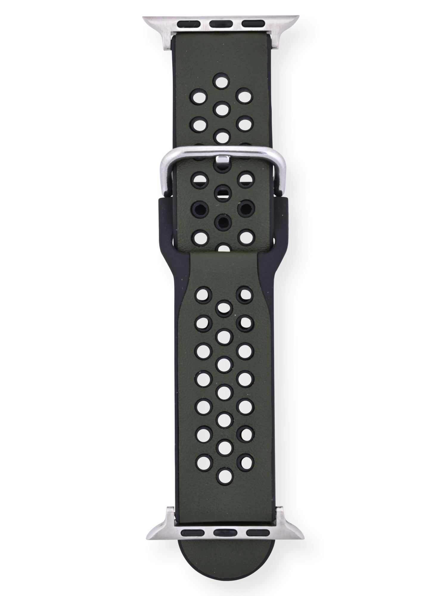 Adult Mens Army Green with Black Inlay Perforated 2 Piece PU Leather Replacement Strap . 38-41MM