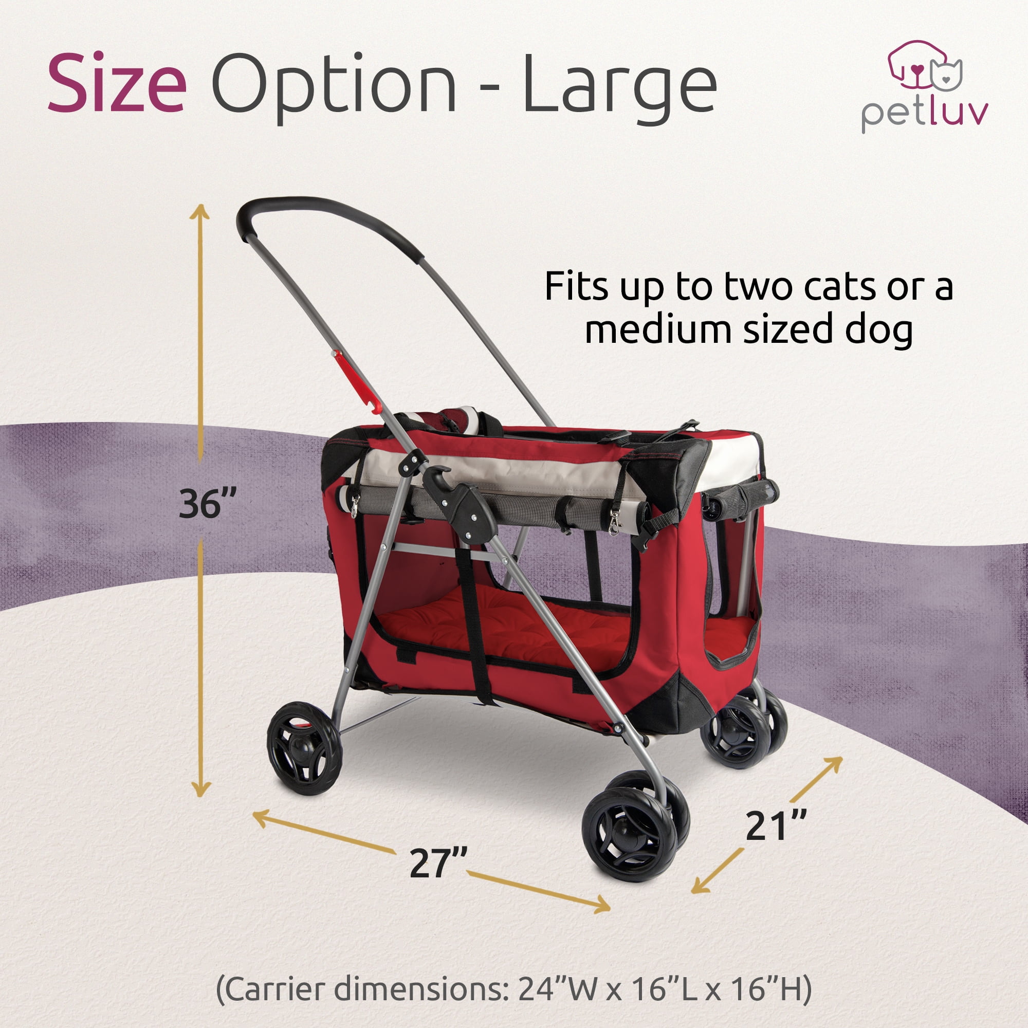 PetLuv Premium Pet Stroller, Soft Sided Detachable Pet Carrier & Travel Crate, Plush Bed, Locking Zippers, Privacy Windows, Collapsible, Locking Wheels